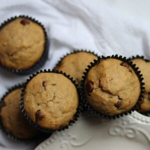 close up image of a group of chocolate chip banana bread muffins