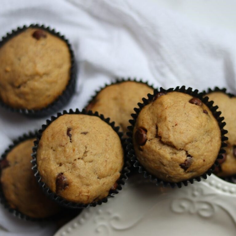 close up image of a group of chocolate chip banana bread muffins