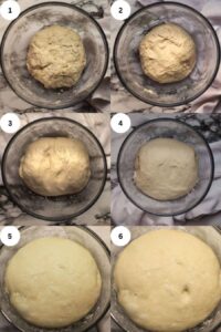 process images of sourdough bread during bulk fermentation and stretch and folds