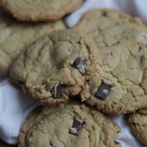 up close image of sourdough discard brown butter chocolate chip cookies