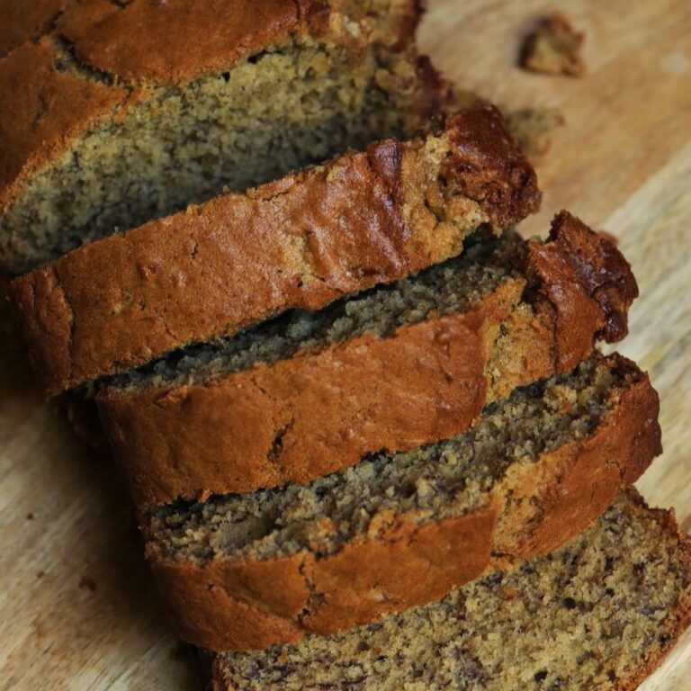 up close image of sliced loaf of easy to make banana bread recipe